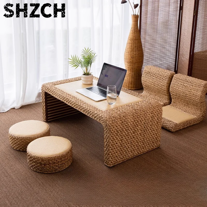 Rattan Weaving Tatami Tea Table Japanese Style Low Coffee Tables Compact Floor Desk for Living Room Traditional Home Decor