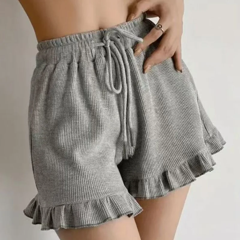 Casual Elastic-waisted Sweatpants Y2K Fashion 2026 Summer Waffle Drawstring Shorts High Waist Ruffle Hot Pants Homewear Women