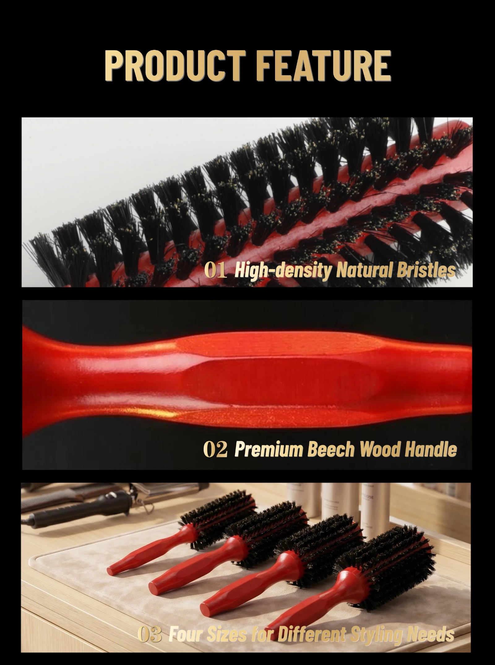 Professionelles 4-teiliges Rundbürsten-Set aus Buchenholz mit Wildschweinborsten, Anti-Frizz-Volumen-Lockenbürste für Salon, Friseur und Zuhause – Detail 9