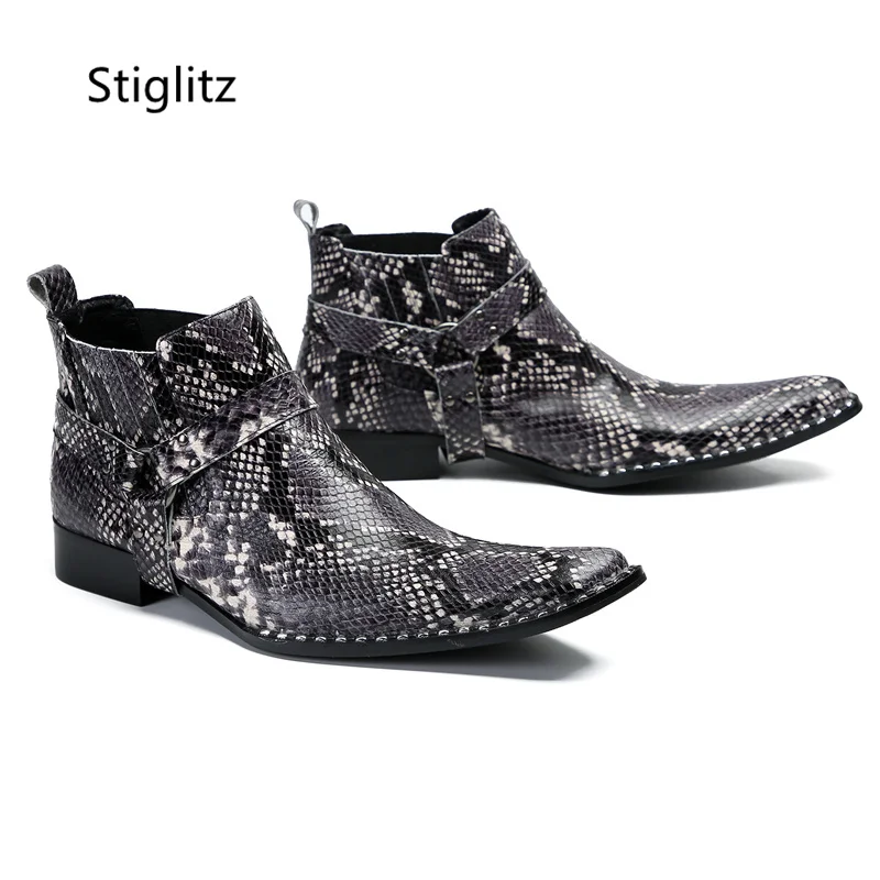 Snake Pattern Genuine Leather Boots for Men Belt Buckle Ankle Boots Slip On Low Heel Western Boots Elegant Male Dress Shoes