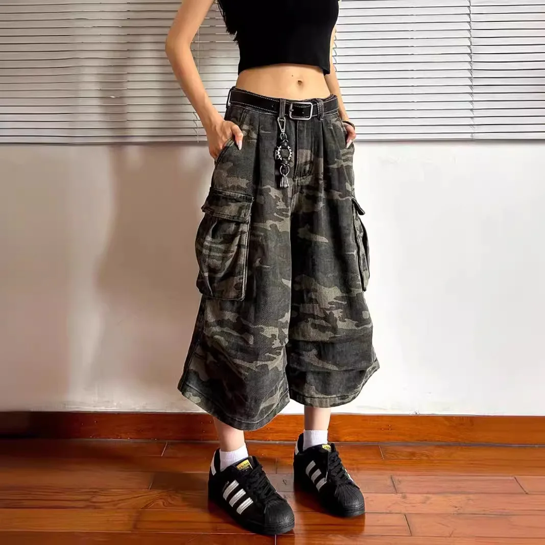 Unisex jeans bijgesneden broek 2025, retro noodlijdende cargobroek, unisex camouflage denim stijl, rechte crop broek met wijde pijpen