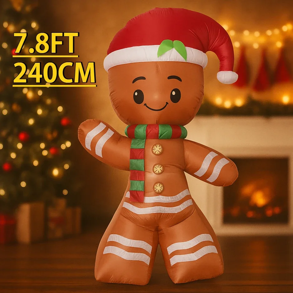 Jouet gonflable de noël de 7,8 pieds, bonhomme en pain d'épice, ornement, cadeau de vacances, décoration de cour de noël LED, décoration de maison du père noël