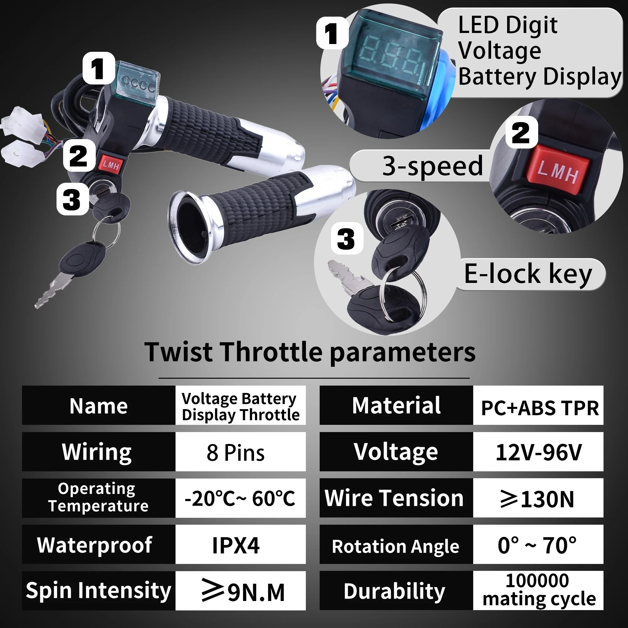 صمام خانق جديد للدراجة الإلكترونية ثلاثي السرعات لعام 2025 مع شاشة LED - 12 فولت-96 فولت للدراجة الكهربائية/السكوتر/الدراجة النارية 3 في 1 قفل الإشعال