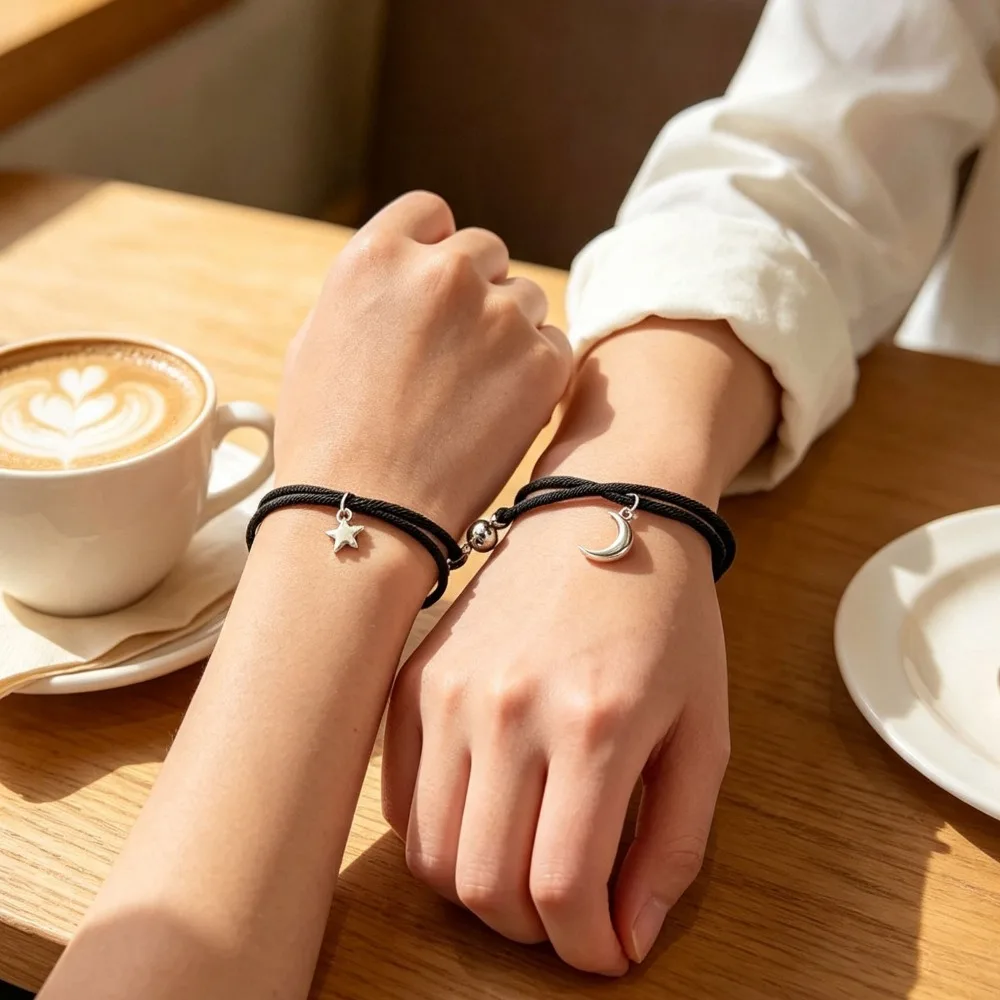 Black Braided Star Moon Matching Bracelets, Adjustable Magnetic Attraction Couple Friendship Jewelry for Women