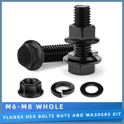 M6 M8 Hex Flange Bolts and Nuts Set Alloy Steel 10.9 Grade Black Zinc Plated Full Thread Metric Screw Lock & Flat Washers Kit