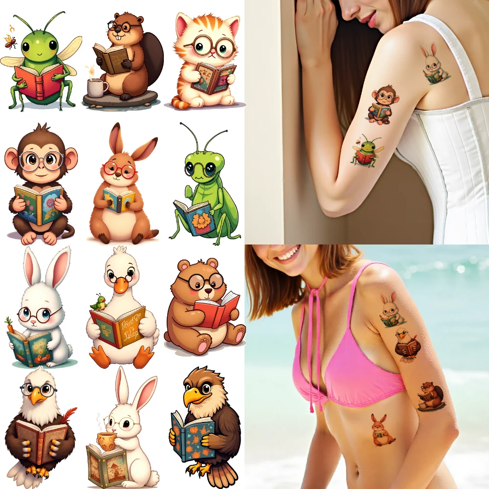 

28 шт., временные татуировки, наклейки для чтения, временные татуировки, наклейки с животными для рук, щек, плеч