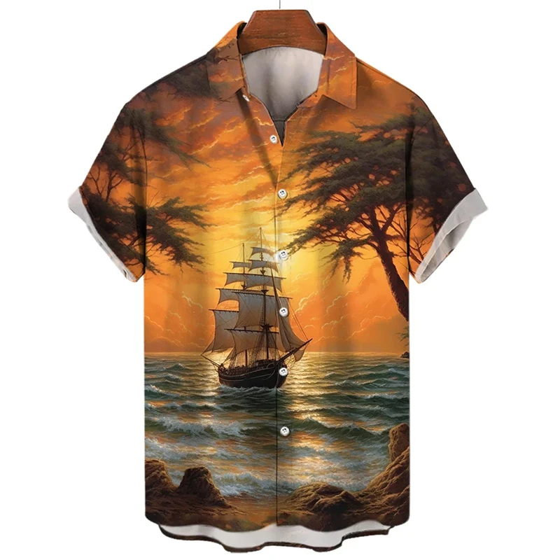 Camicie grafiche per barche a vela hawaiane al tramonto per uomo abbigliamento Vintage Compass Sailor camicette stampate in 3D bottone per le vacanze Casual Y2k Top