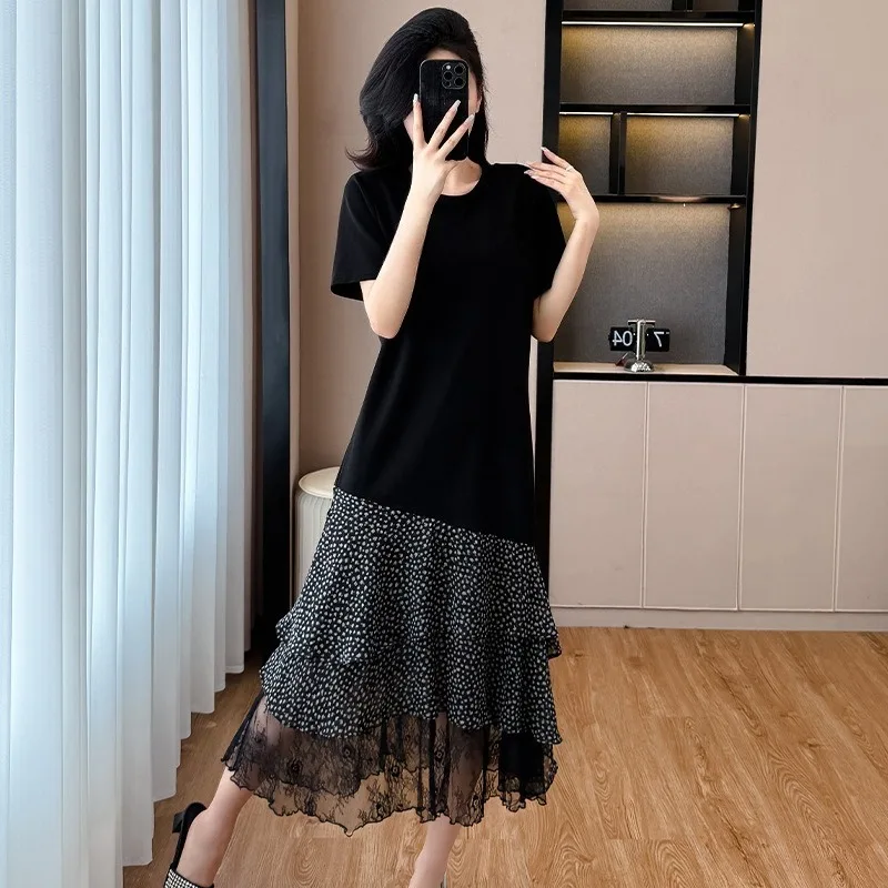 Zomer Casual Jurk 2025, Koreaanse Vrouwen Kant Golf Punt Stiksels Bloemen Jurk Westerse Stijl Losse Afslanken T-shirt Jurk