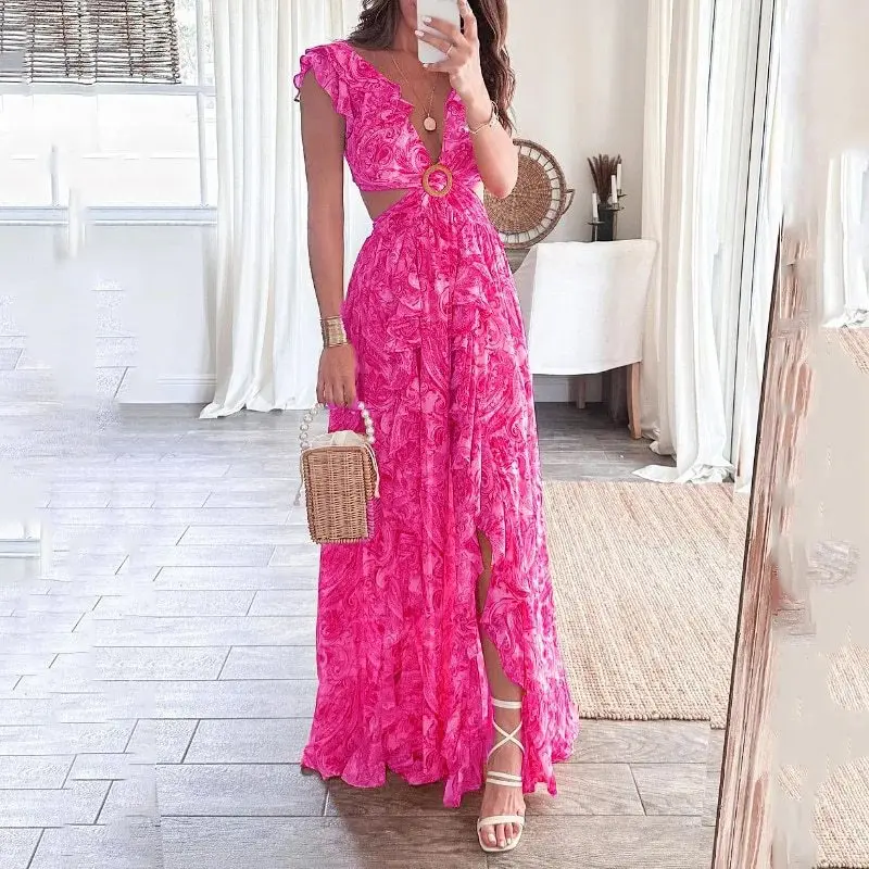 Sexy V Neck Floral Print Split Dress Dresses Spring Summer Fashion Women Bodycon Midi Evening Dress