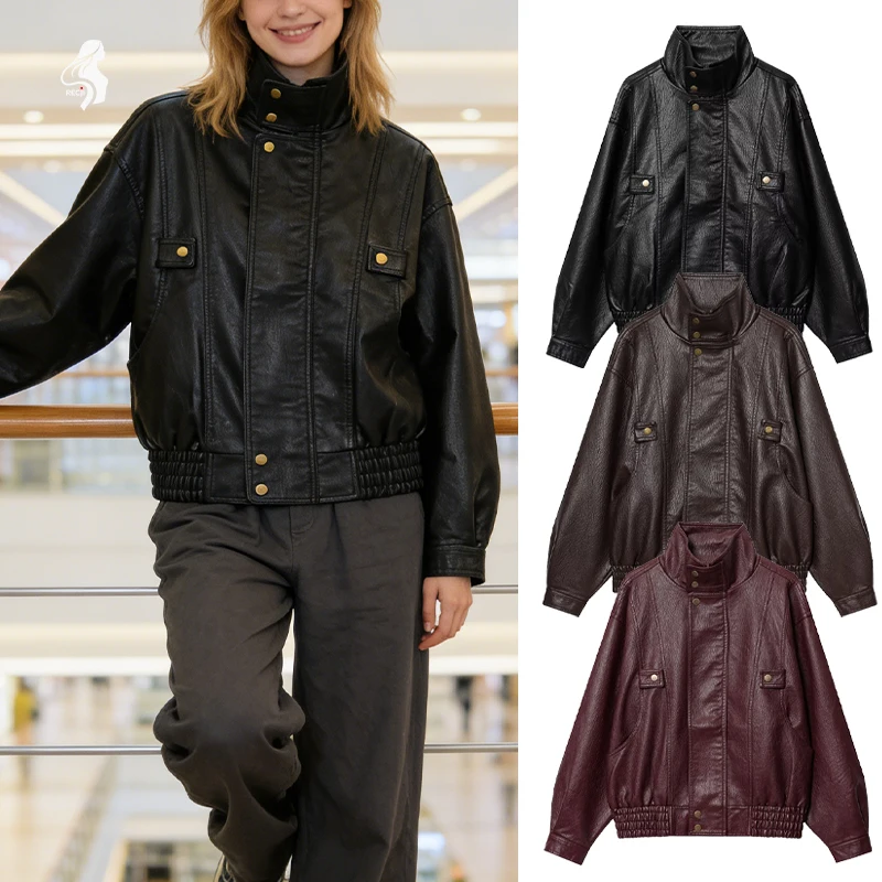 

Women Winter Coats Casual Vintage Leather Jacket For Women Stand Collar With Metal Zipper Autumn And Winter Commuter Jacket