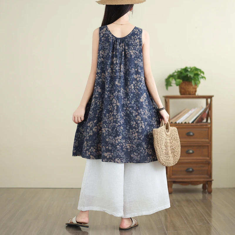 Retro bloemenprint Svel katoen Lin Dr dames zomer losse afslankende buikbedekking plus maat vest ort rok