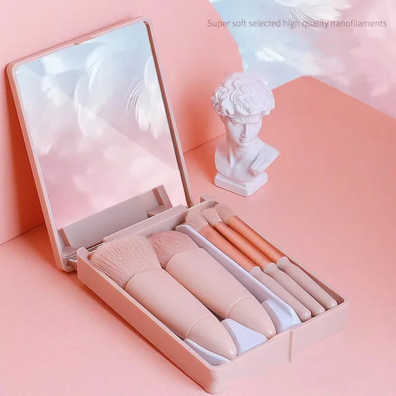 Espelho de bolso dobrável espelho de maquiagem com conjunto de escova de maquiagem led toque portátil caixa de armazenamento de uma face espelho de maquiagem presente de natal