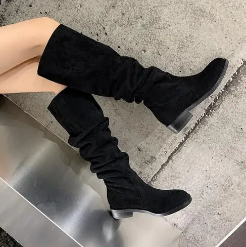 Spring Girls Khaki Black Suede Round Toe Pleated Knee High Flat Boots Women Tube Slip On Comfortable Simple Long Knight Boots