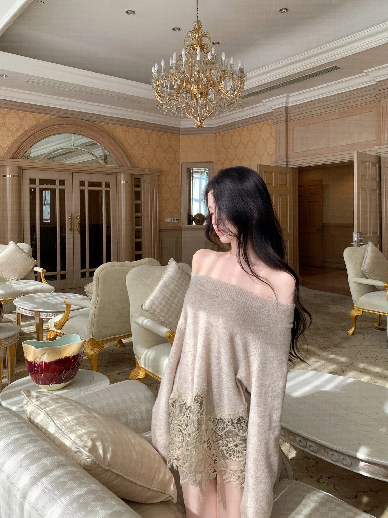 

JAYKY YANG Briste Aesthetic Lace Splicing Knitted Sweater Warm Versatile Wool Blend Casual Sle Long Sve Mid-Length Top