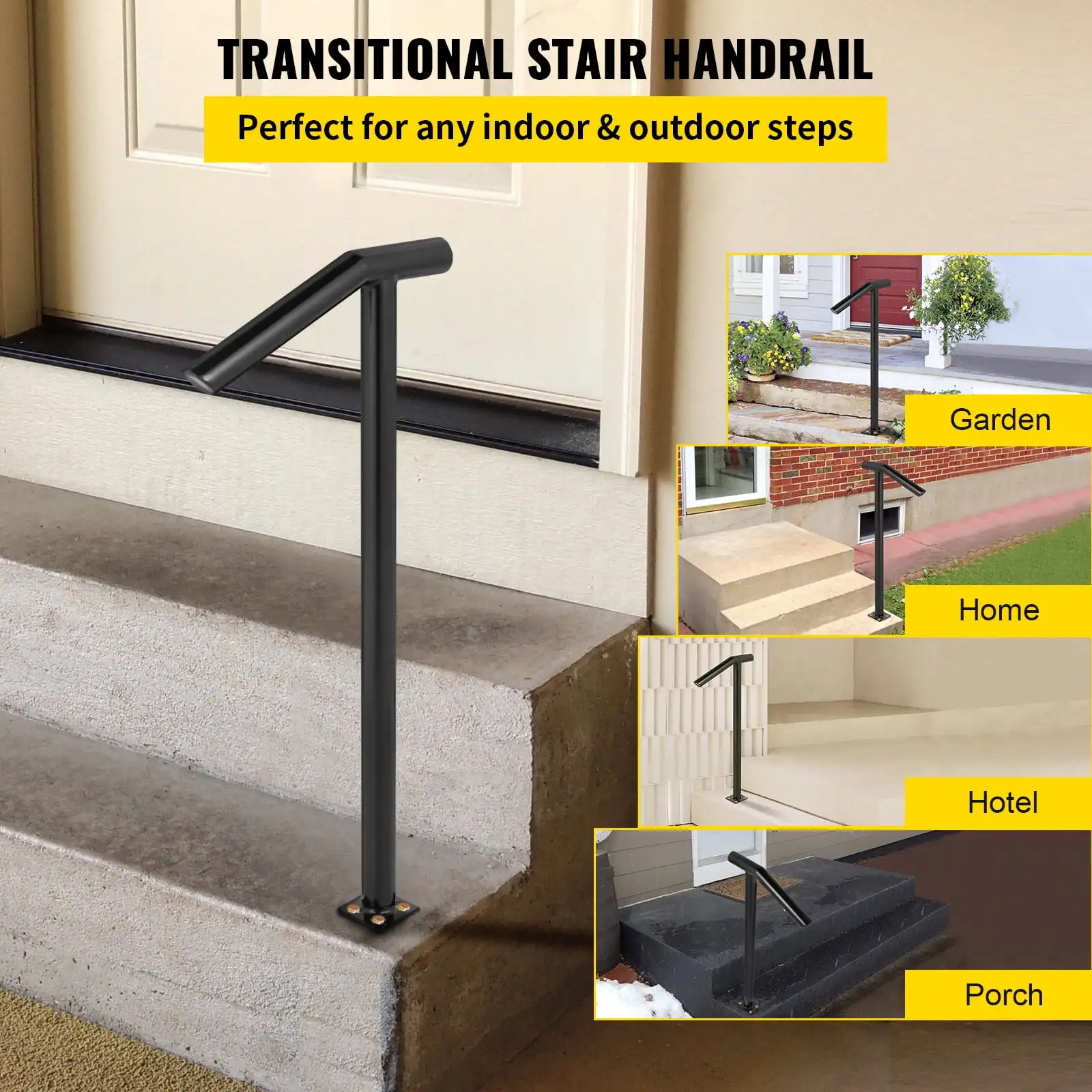 1-2 Steps Single Post, Black Steel Railing 441LBS Capacity Baking Varnish Metal Stairs Stylish Handrails for Outdoor Steps