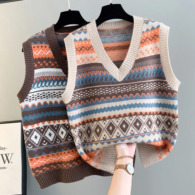 #3907 Knitted Vest Waistcoat Women V-neck Slim Vintage Sweater Vest Female Plaid Striped Sleeveless Short Vest Pullovers Autumn