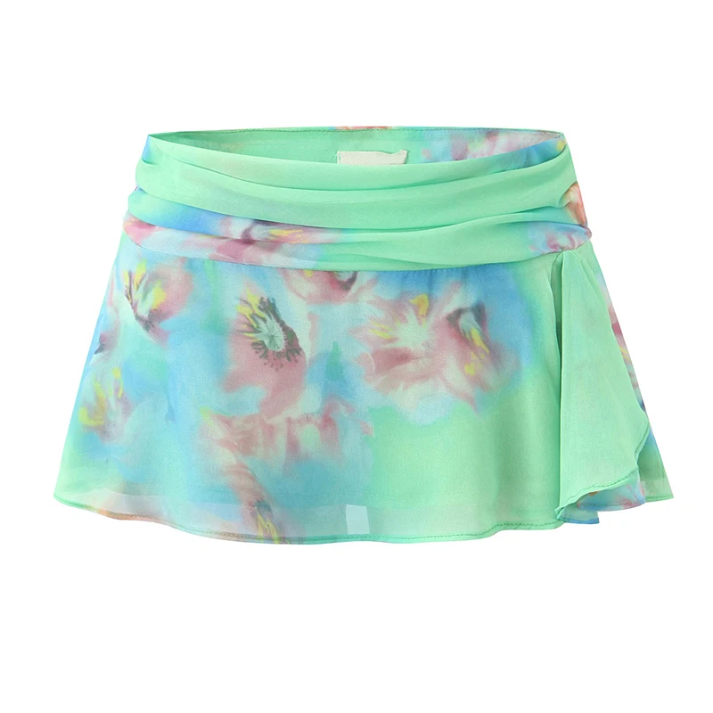 YENKYE New 2025 Tie-dye Print Boho Beach Mini Skirt Women Ruched Low Waist Side Zipper Summer Skirts Holiday