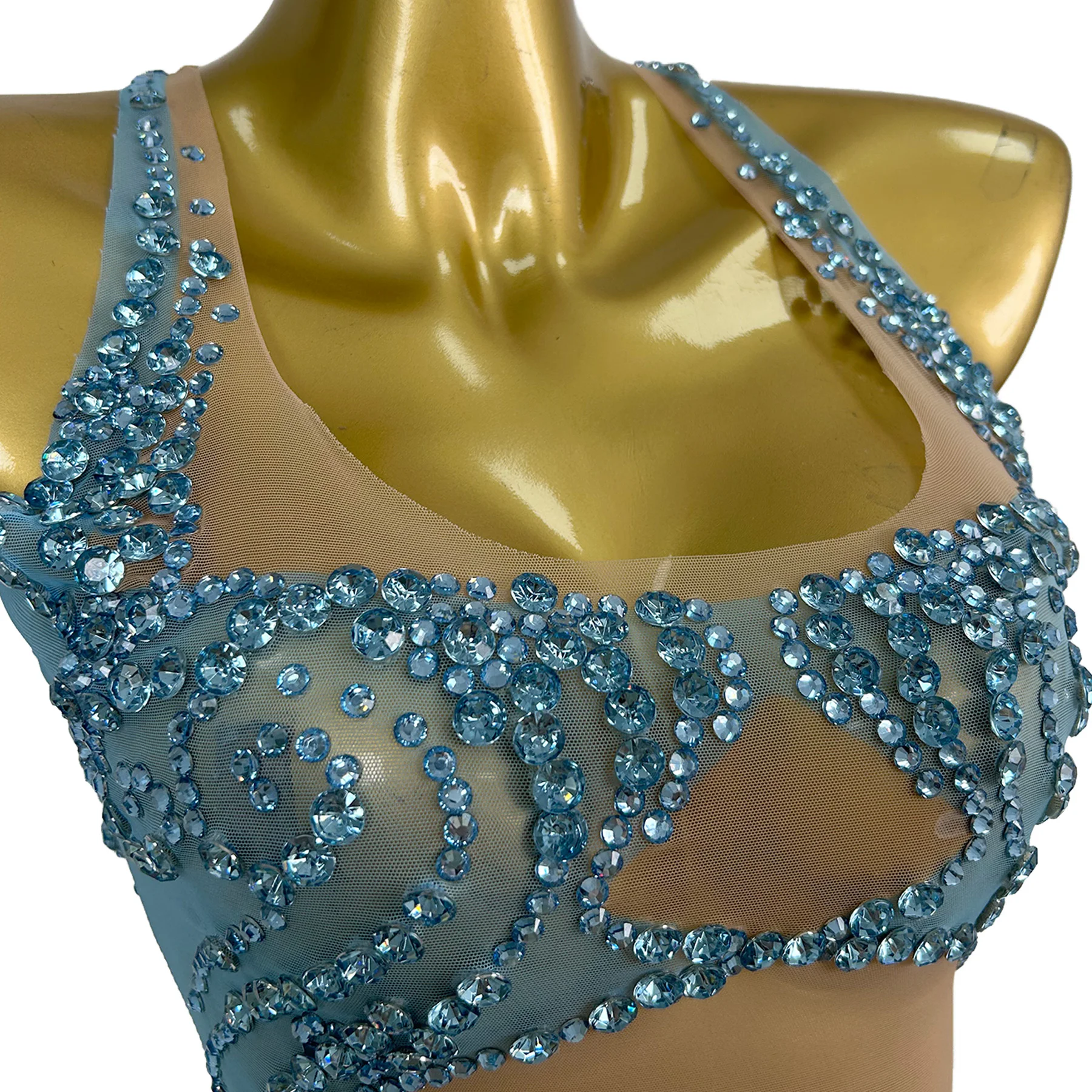 

Sparkly Sky Blue Rhinestone Fringe Mini Dress Women Sleeveless Sheer Mesh Outfit Nightclub Party Stage Performance Dance Costume