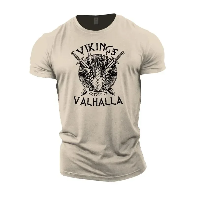 Summer Viking Casual Fashion Printed Tough Guy Men's T-shirt Outdoor Sports Short Sleeve Oversized Loose Wide 100% Cotton Shirt