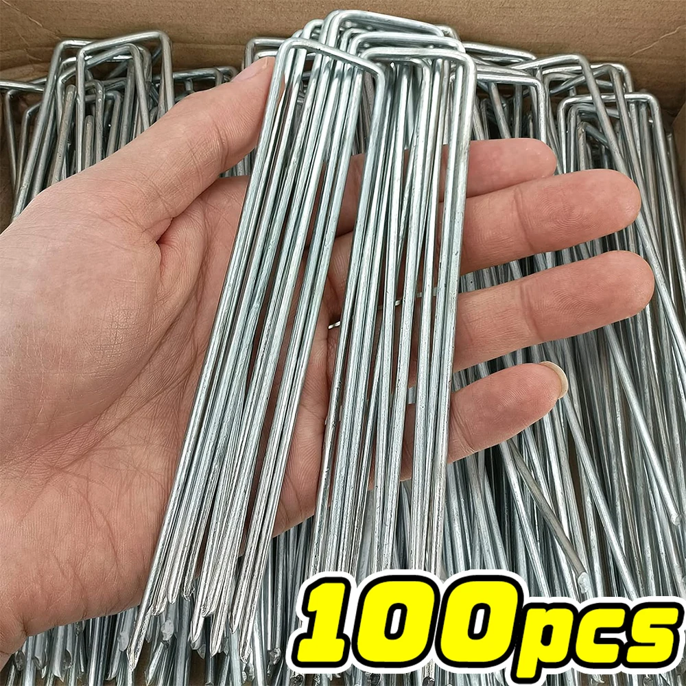 U-type Garden Staples Heavy-duty Fence Stake Sod Pins Galvanized Landscape Stakes Spike for Holding Weed Barrier Ground Cover