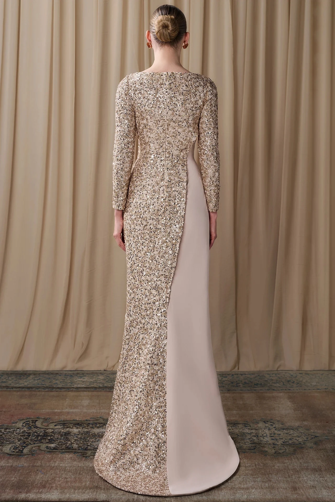 Customized Blush Pink Patchwork Mermaid Evening Dress Long Sleeve Boat Neck Sequin High Slit Formal Party Gown Women Vestidos
