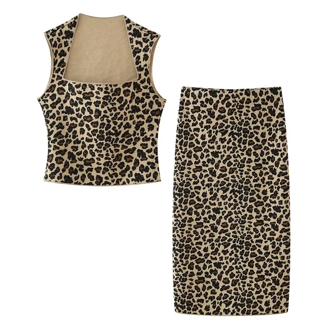 TRAFZA Women 2 Piece Set Chic Leopard Print Sexy Sleeveless Holiday Slim Bustier Crop Top+2024 High Waist Midi Skirt TRAF