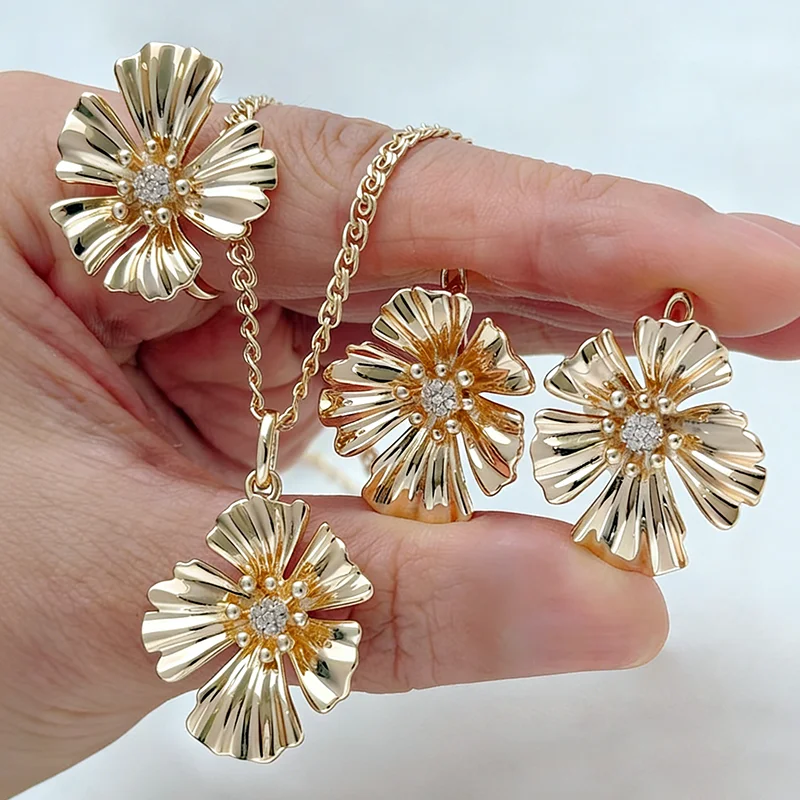 Kinel Heißer Einzigartiger Blumen-Naturzirkon Ring Ohrringe Halskette für Damen 585 Roségold Silberfarben Mix Tägliches Feines Schmuckset