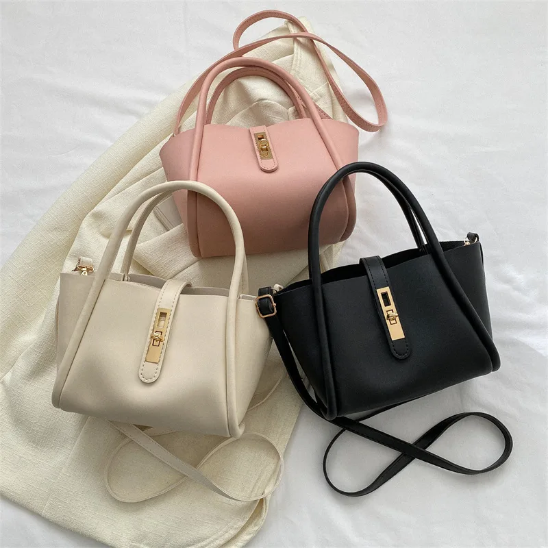 Real cow leather women\'s handbag high quality single shoulder crossbody tote ladies\' fashionable portable bucket bag solid color