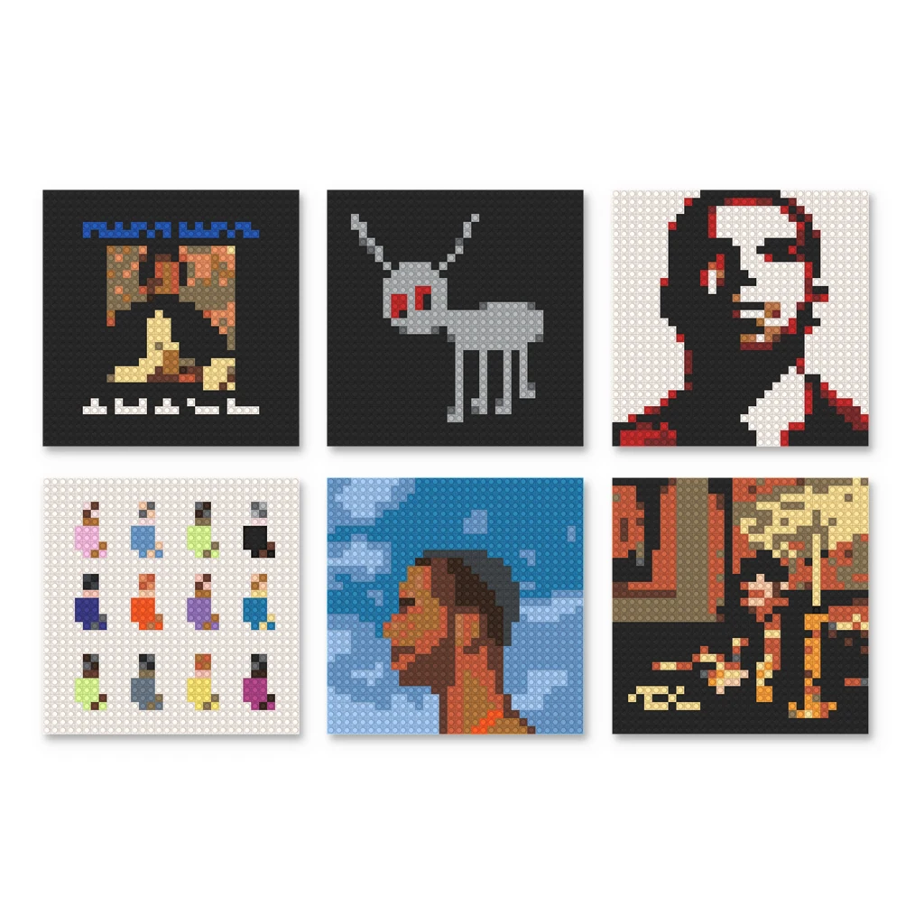 

Постер-мозаика из строительных блоков с изображением поп-рэпера Дрейка, обложки музыкального альбома в стиле хип-хоп, пиксель-арт, настенный декор