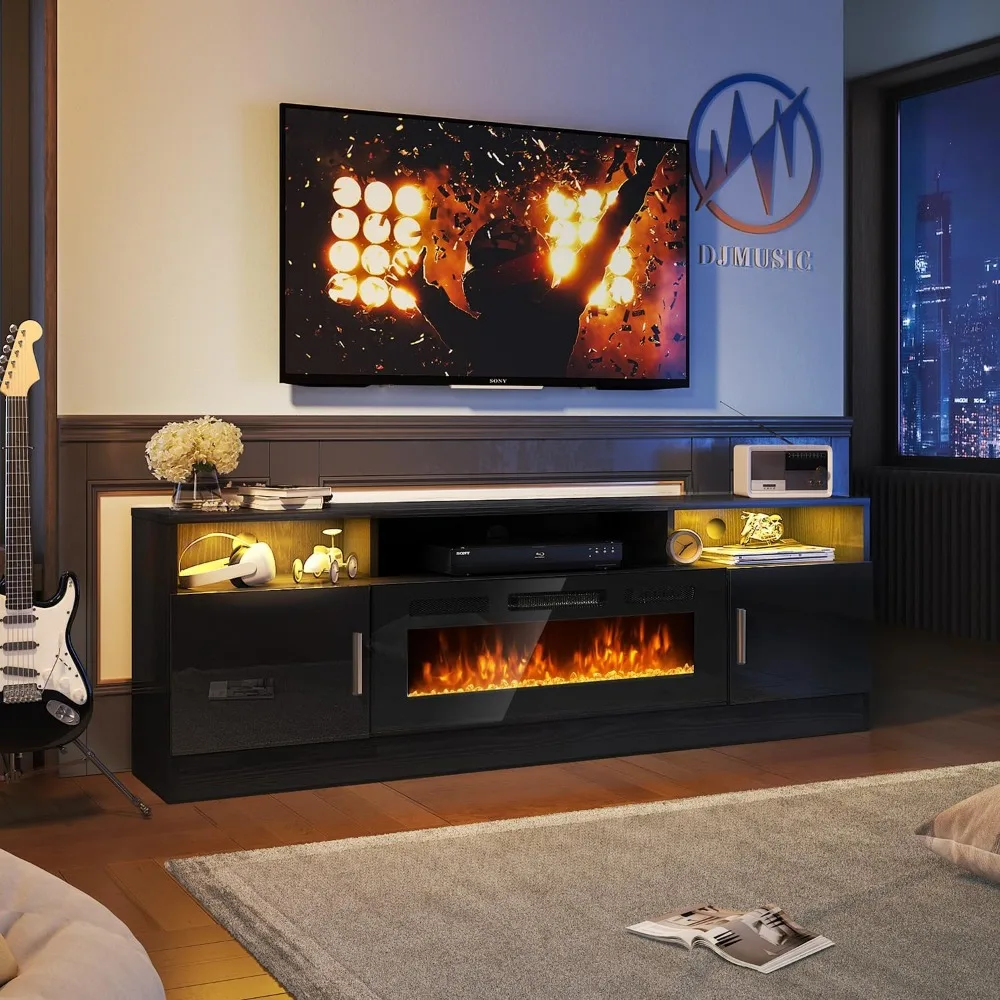 Mueble TV con chimenea con luces LED y mueble de almacenamiento, negro, sala de estar, 70 pulgadas