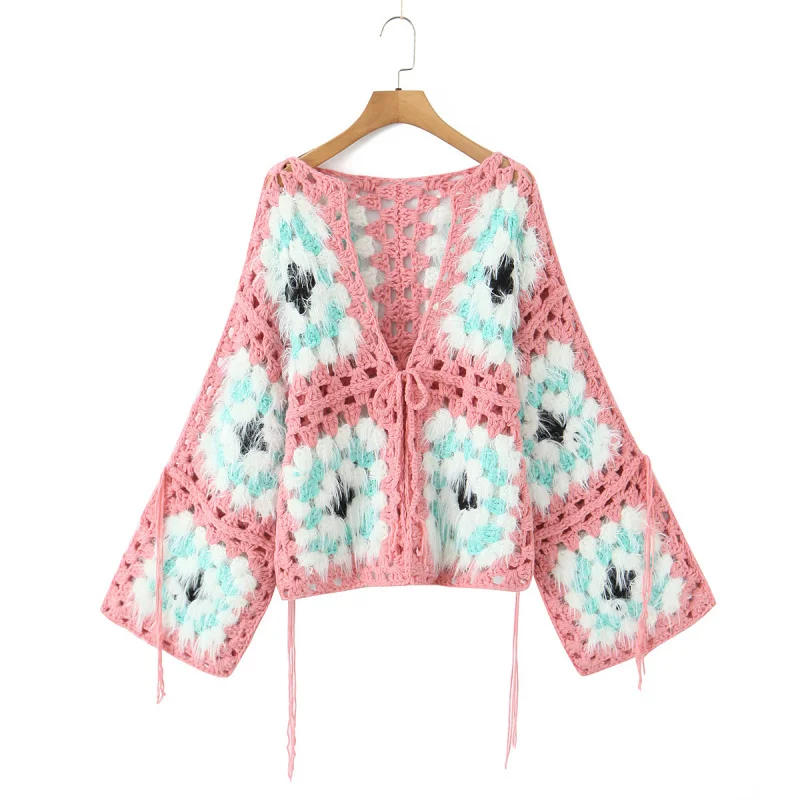 

2025Осенне-зимняя новая женская одежда в стиле ретро, свободный ленивый стиль, полностью ручной работы, бабушка, клетчатый свитер с цветными блоками