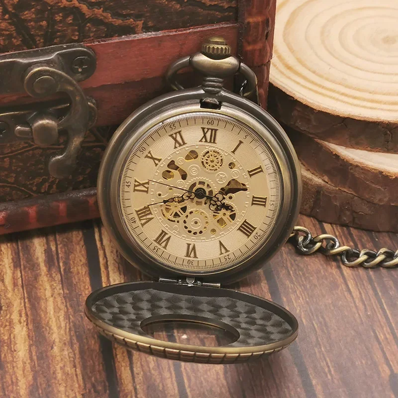 New Antique Retro Wood Mechanical Pocket Watch Personalised Mens Fashion Necklace Pendant Chain Gift for Dad Reloj De Bolsillo