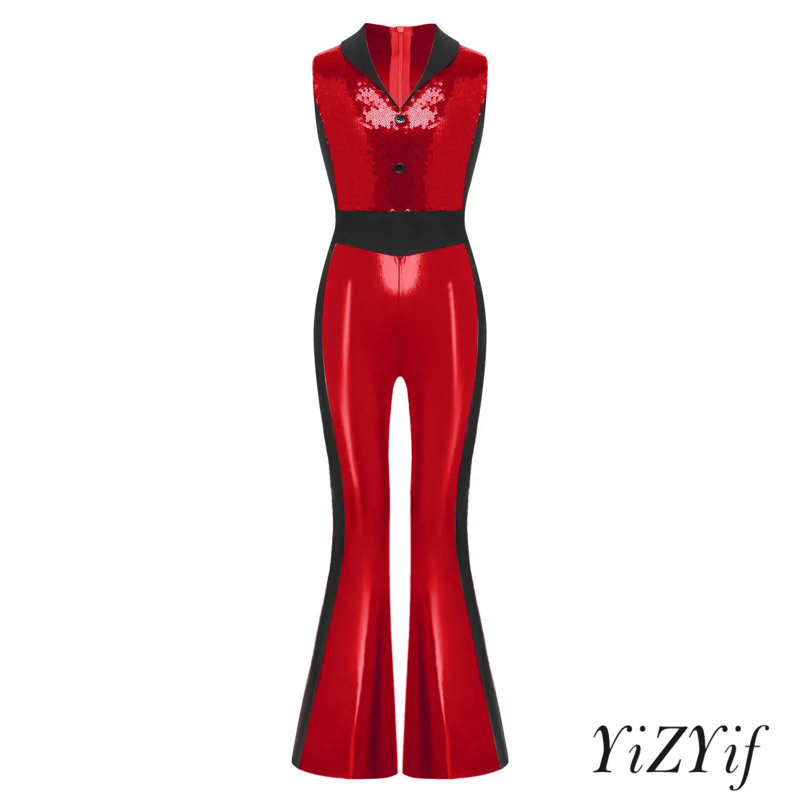 

Girls Jazz Dance Jumpsuit Metallic Shiny Sleeveless Lapel Sequined Bodice Bell Bottom Flared Back Zipper Romper Disco Costume