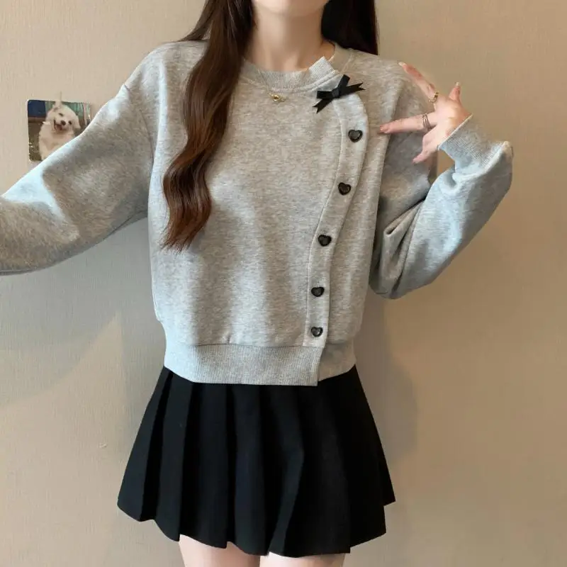 Grey Bow Sweet and Spicy Hoodie for Women with Korean Temperament Loose Design Sense Niche Top