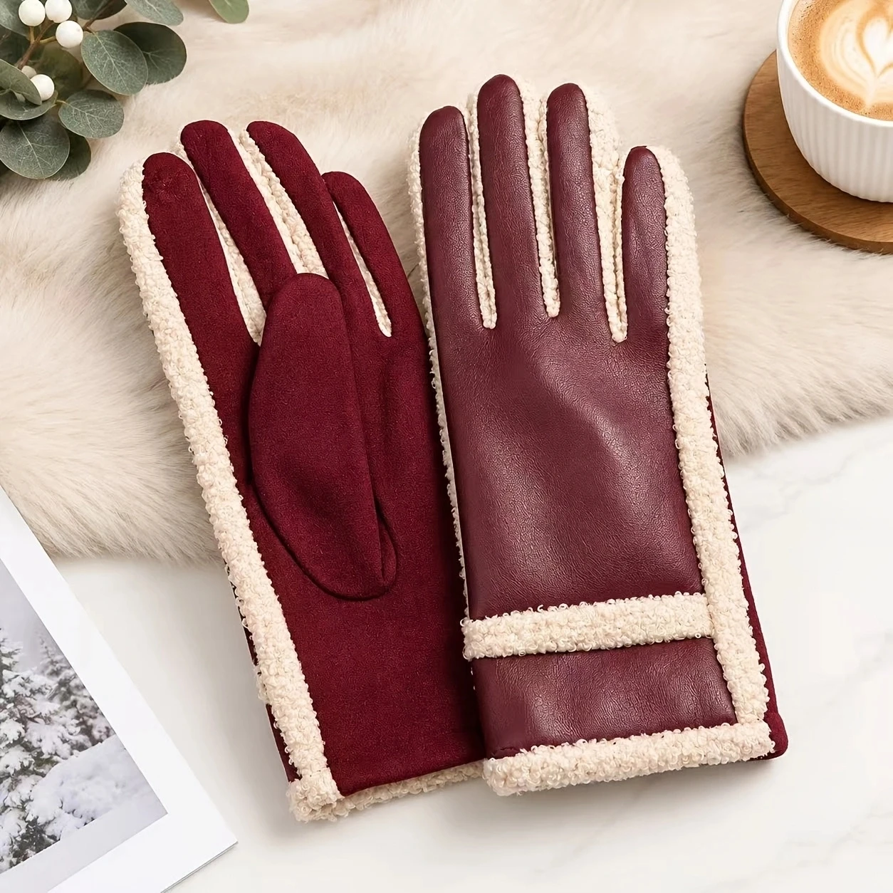 1 Pair, New Style Touchscreen Women's Gloves with Faux Teddy Fur Edges, Protein Pu, Autumn and Winter Cold-Proof Warm Gloves, Mittens, Women's Gloves, Women's Cold-Proof Finger-Separated Gloves, Suitable for Outdoor We