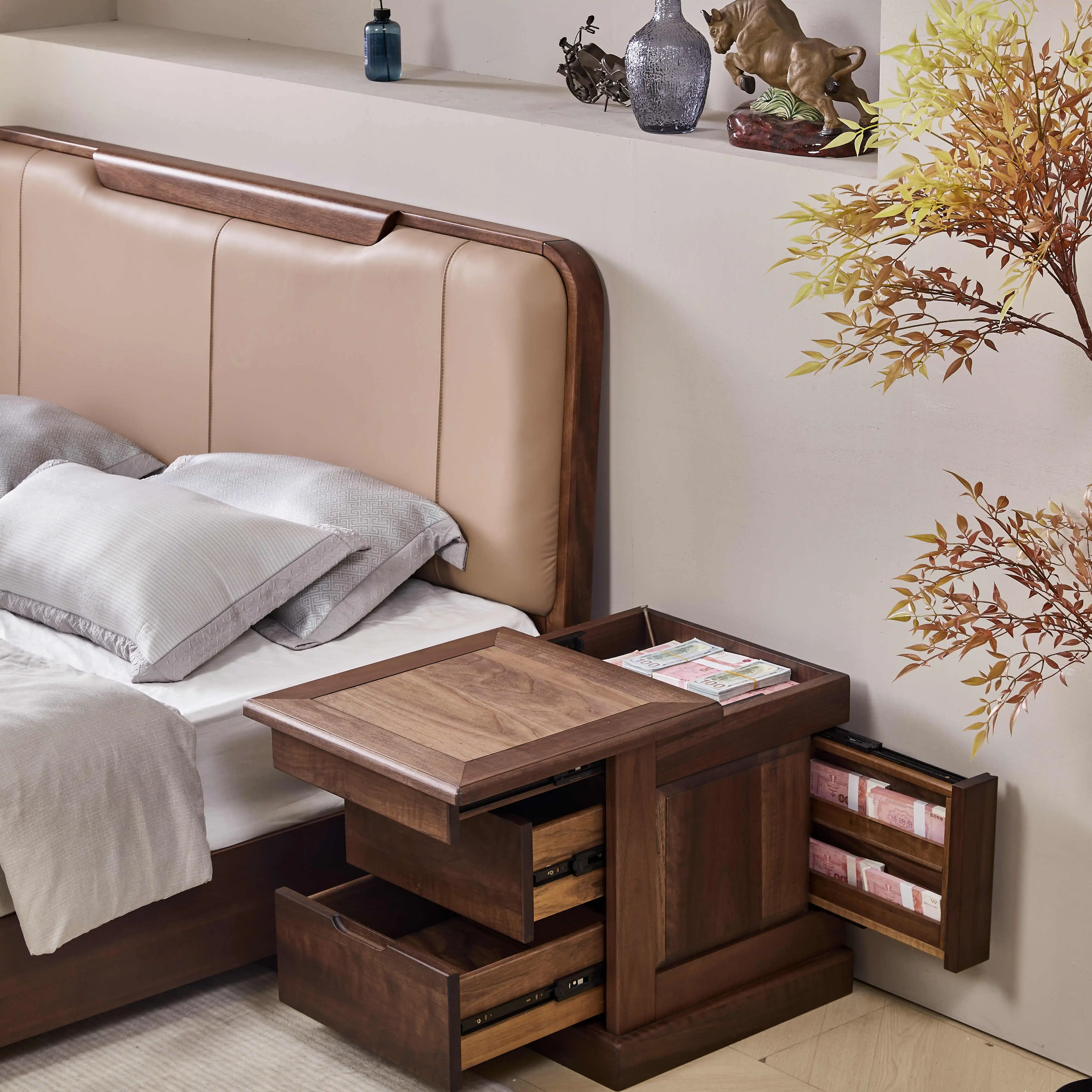 

Concealed bedside table Walnut simple modern Chinese bedside table Bedside storage cabinet Bedroom safe