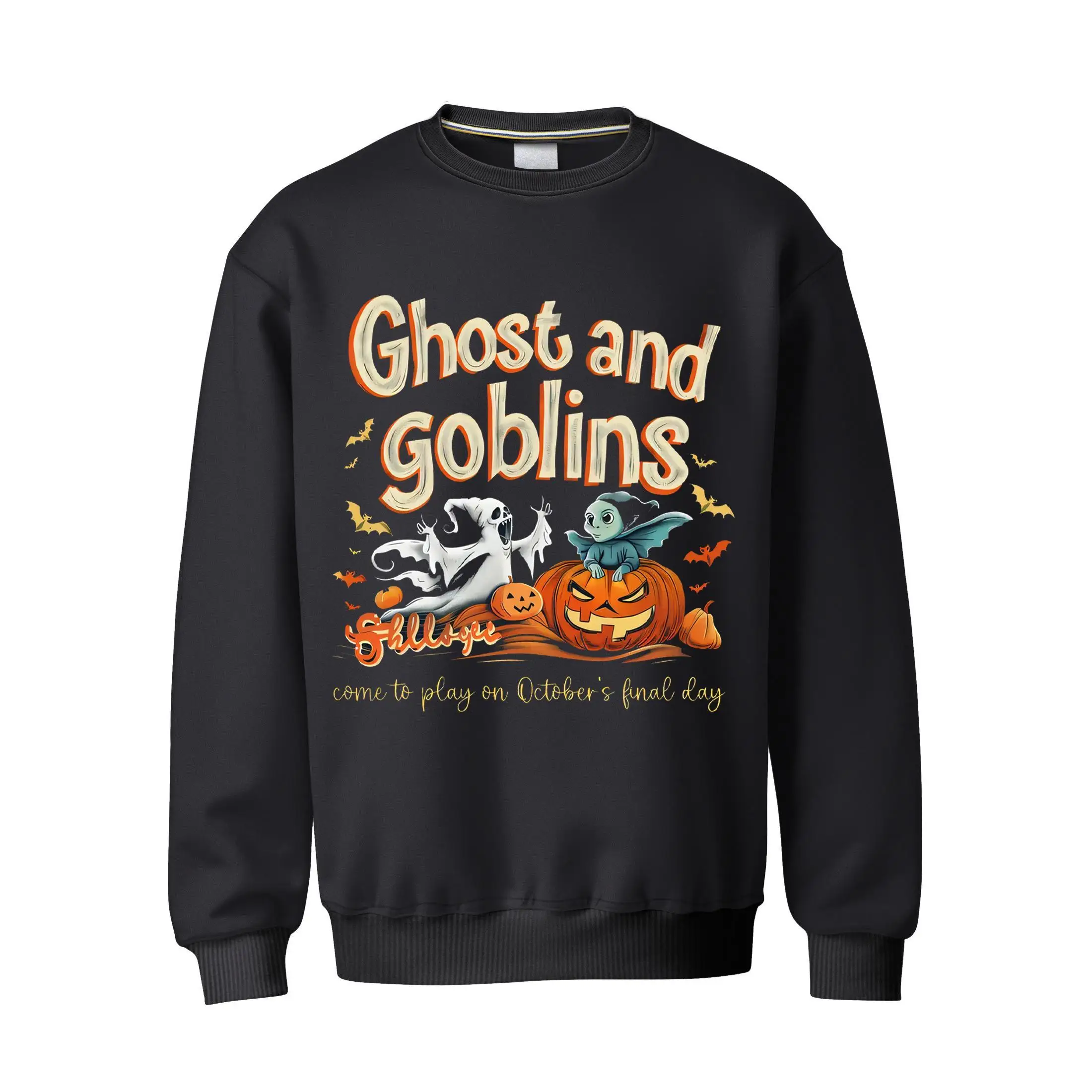 

Halloween "Ghost and Goblins" Graphic Sweatshirt, Cute Pumpkin & Bat Print, Autumn Spooky Party Jumper for Women