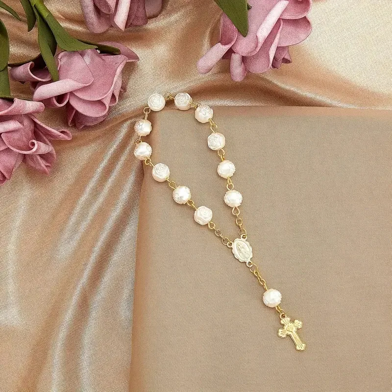 Religious Virgin Mary Baptism Rose Pearl Bracelet  Men  Women Catholic Rosary Cross Jewelry Dropshipping