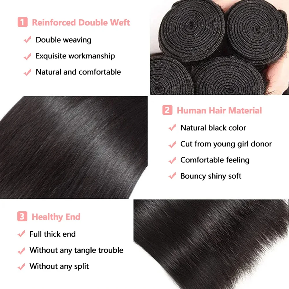 Aplique de cabelo humano liso, cabelo humano brasileiro 100% humano, 8-32 polegadas, extensão de cabelo remy, preto natural