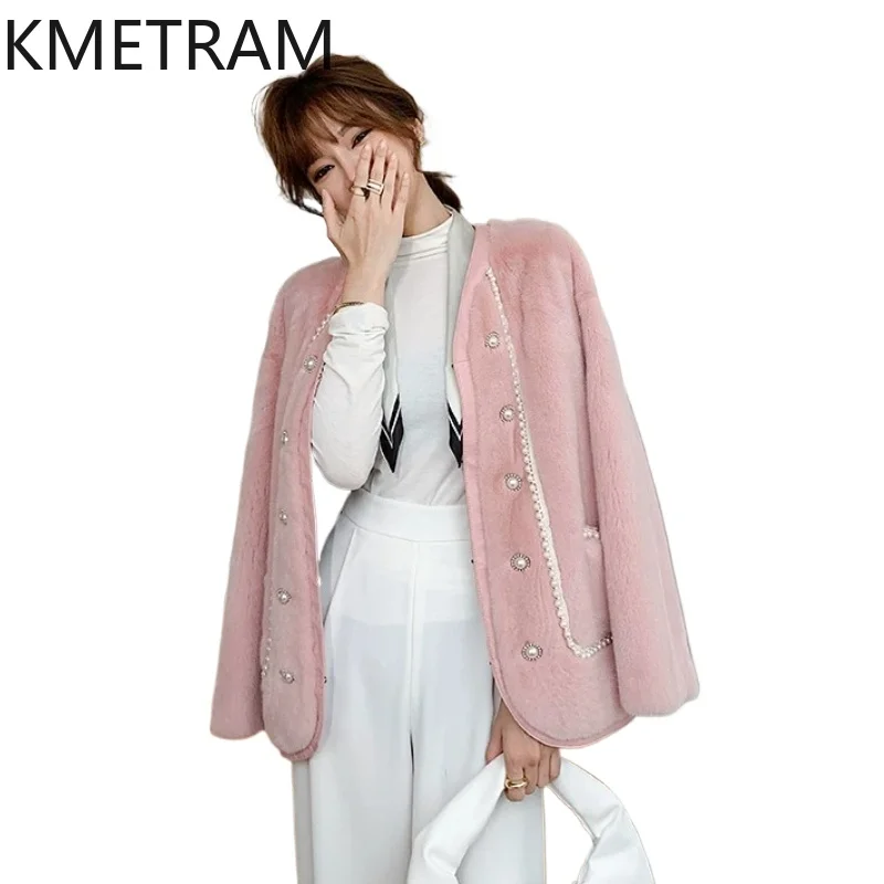 

KMETRAM Natural Mink Fur Jacket Women Elegant Pink V-Neck Fur Coats High-End Winter Real Fur Coat Woman Clothing 2026 casacopele