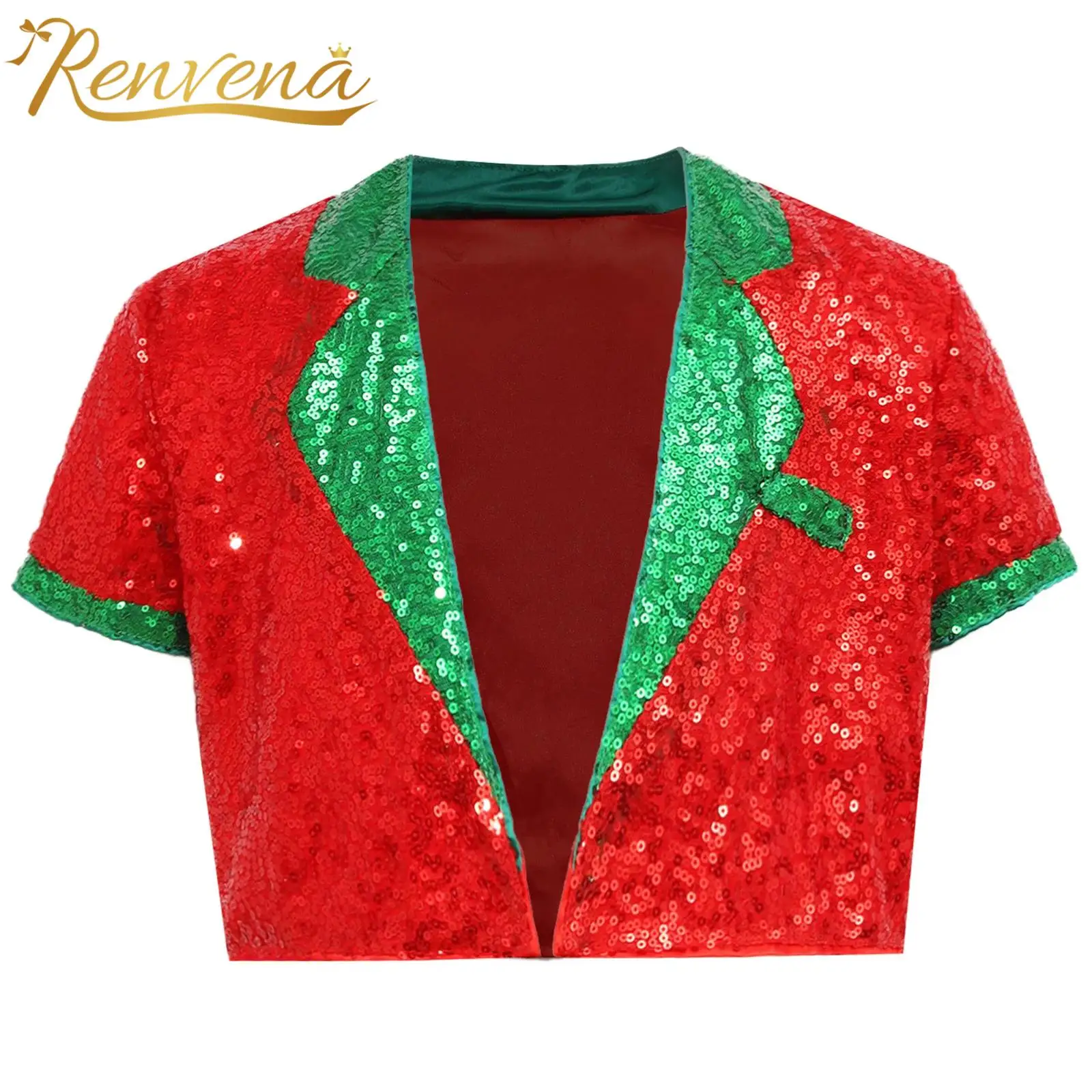 Girls Boys Sequins Coat Carnival Christmas New Year Costumes Santa Elf Coat Stage Performance Latin Jazz Disco Dance Crop Jacket