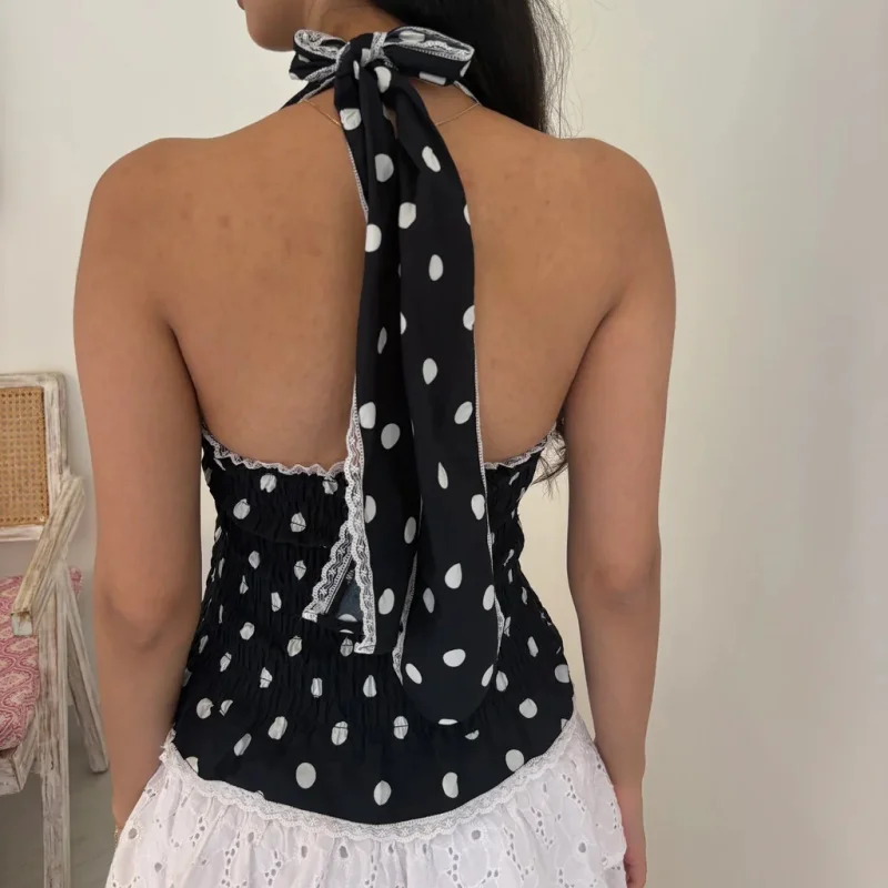 

Women Polka Dot Halter Top Y2k V Neck Lace Trim Peplum Ruffle Crop Top Smocked Backless Tank Top Trendy Streetwear