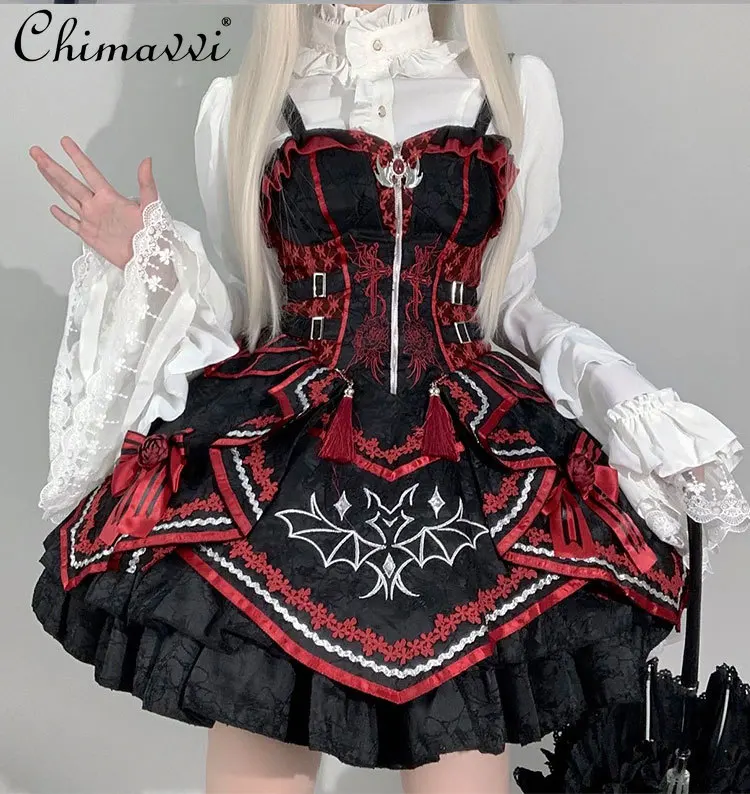 

Gothic Punk Dark Girl Dress Sets 2025 Spring New Japanese Ji Sleeve Inner Shirt Tops and Jsk Dress 2-piece Lolita Womens Outfits