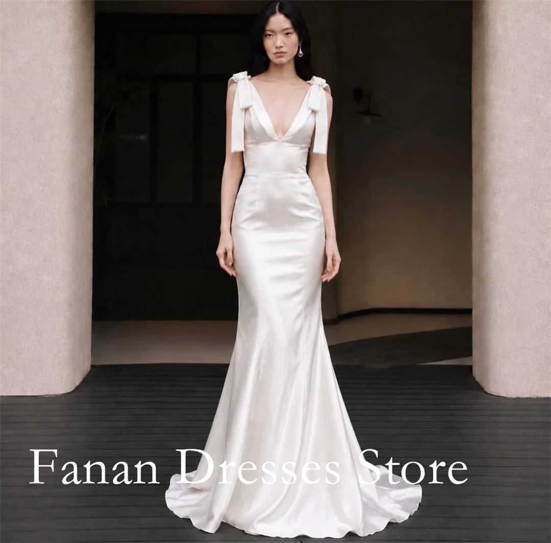 Deep V Spaghetti Strap Wedding Dress Shoulder Bow Detail Shiny Satin Bridal Gown Short Train Minimalist Elopement Wedding