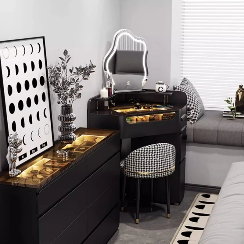 

Minimalist Black Corner Dresser Bedroom Furniture Vanity Makeup Desk Dressing Table Multifunctional Cabinet With Drawer Light