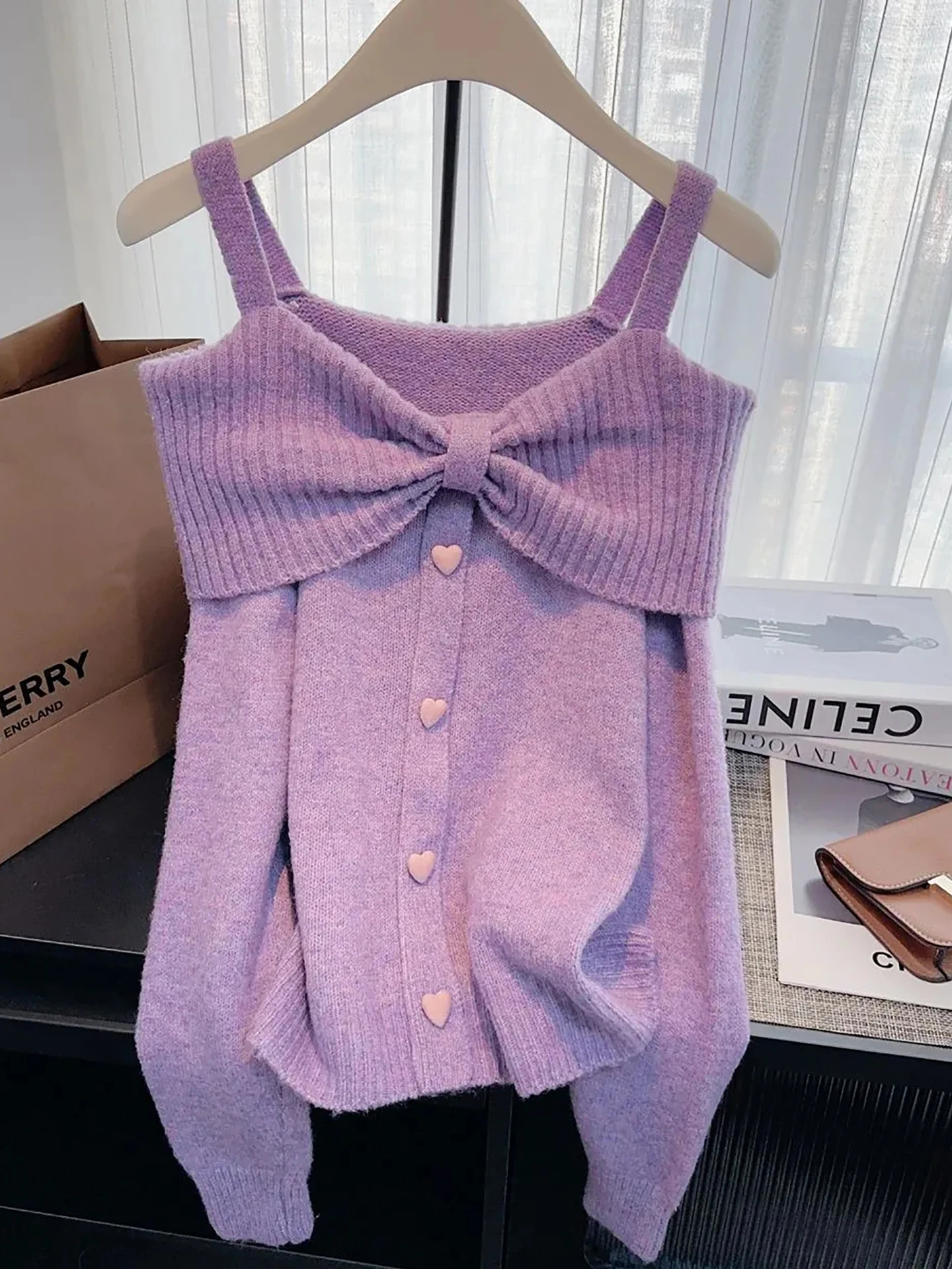 

Autumn Winter Loose Casual Knitwear Pure Desire Sle Heart Bule Pleated Sweet And Spicy Girl Lazy Faion Ele Leisure