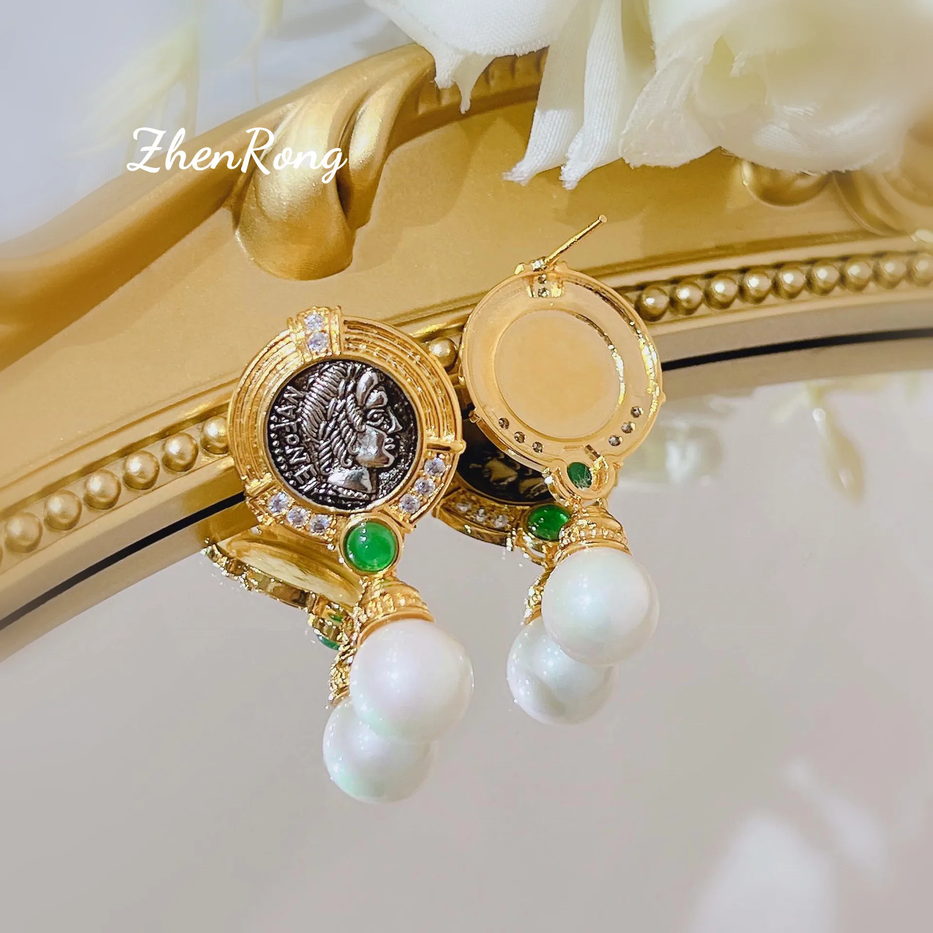 Foydjew French Style Vintage Jewelry Exquisite Relief Sun God Apollo Portrait Ancient Coins Pearl Drop Dangle Earrings For Women