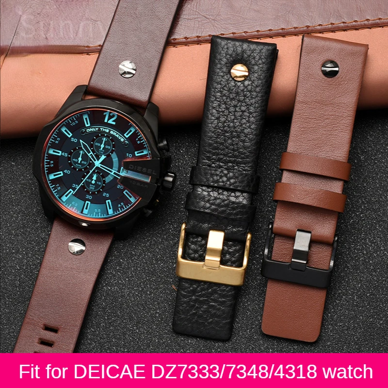 Genuine Leather Watch Strap for Diesel Leather Watch Band Large Dial Dz7333 Dz7348 Dz4318 Men's and Women's Accessories