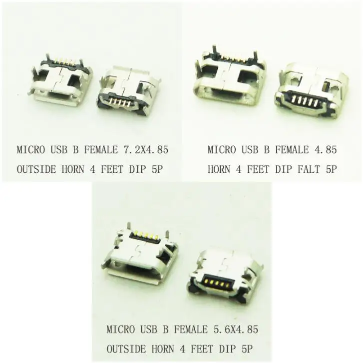 10PCS Micro USB 2.0 Connector 5P DIP B Type Phone Charing Connector USB 2.0 Jack Female Socket  4.8X7.2 or 4.8X5.6mm Horn