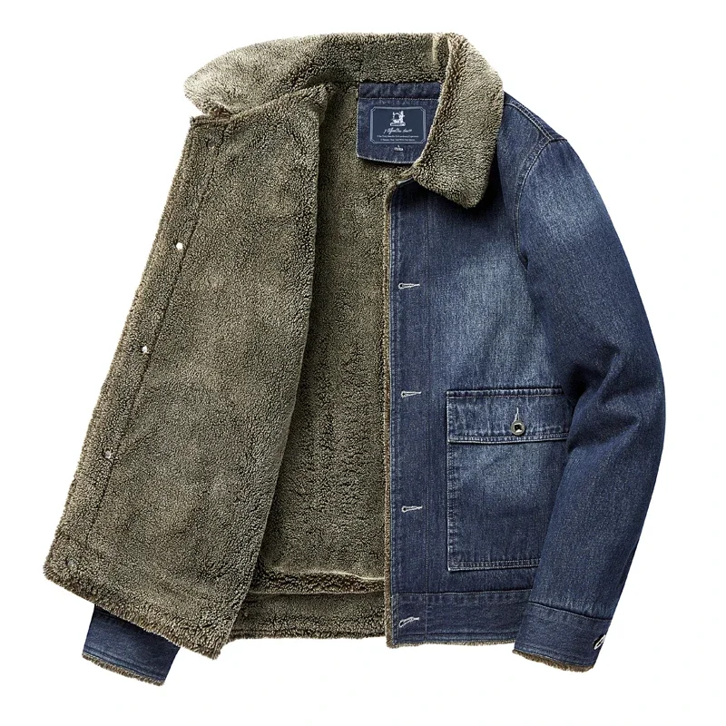 padded Denim Jacket Men's 2024 Winter New lambswool Thickened Casual Loose Retro Outdoor Travel Lapel Tops Men's Warm Coat